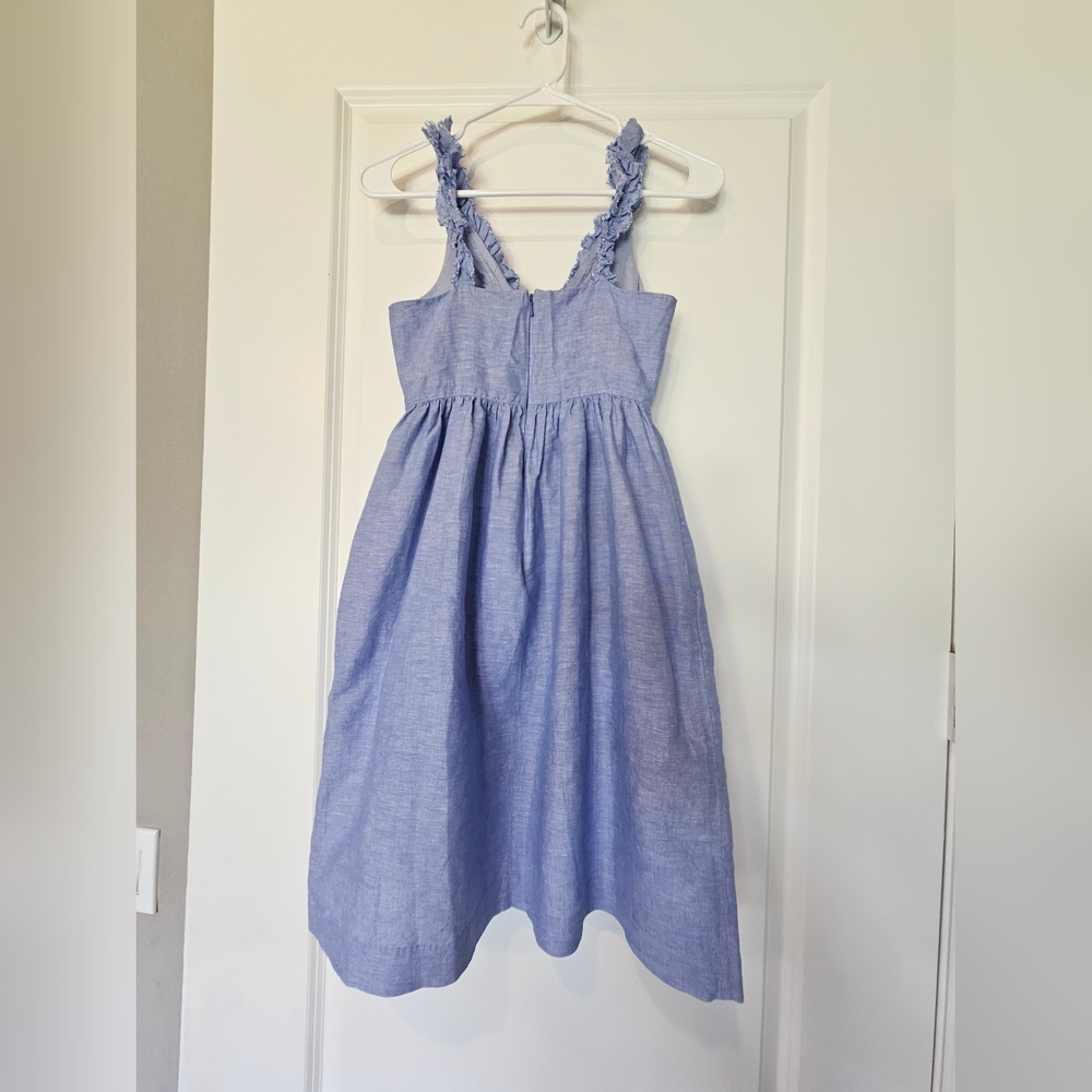 Ruffled chambray dress sz 00P linen blend has pockets - Picture 2 of 4